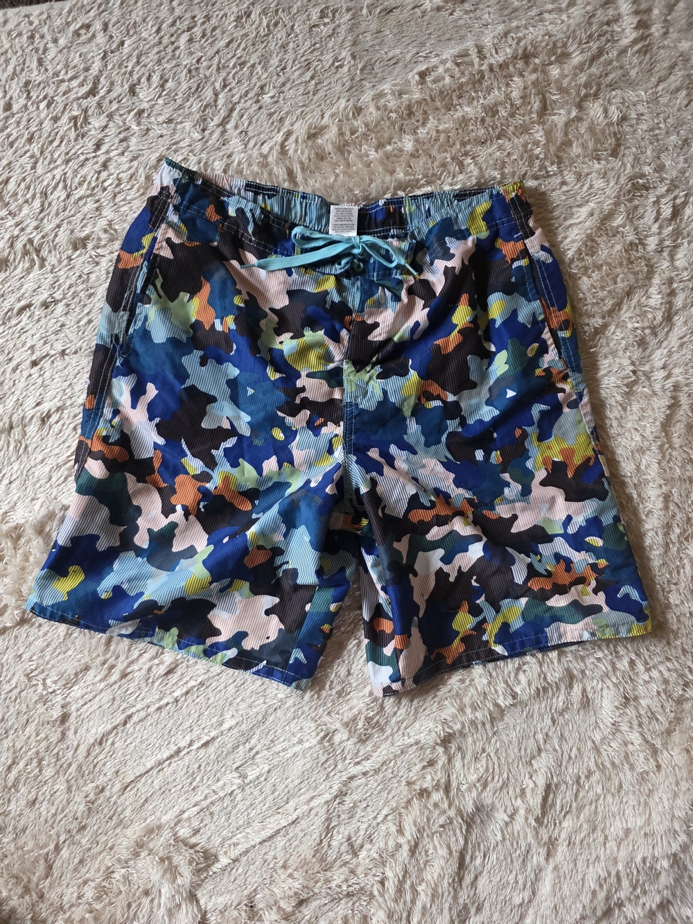 Route 66 Multicolor Camouflage Swim Trunks with Turquoise Drawstring